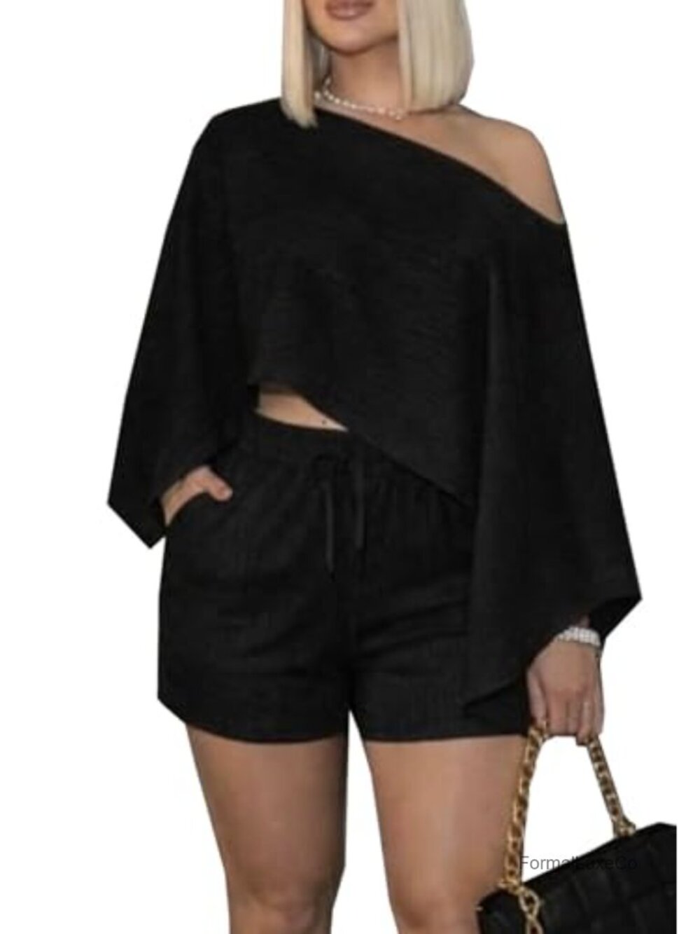 2 Piece Short Set Off Shoulder Matching Outfit Women Drawstring High Waist